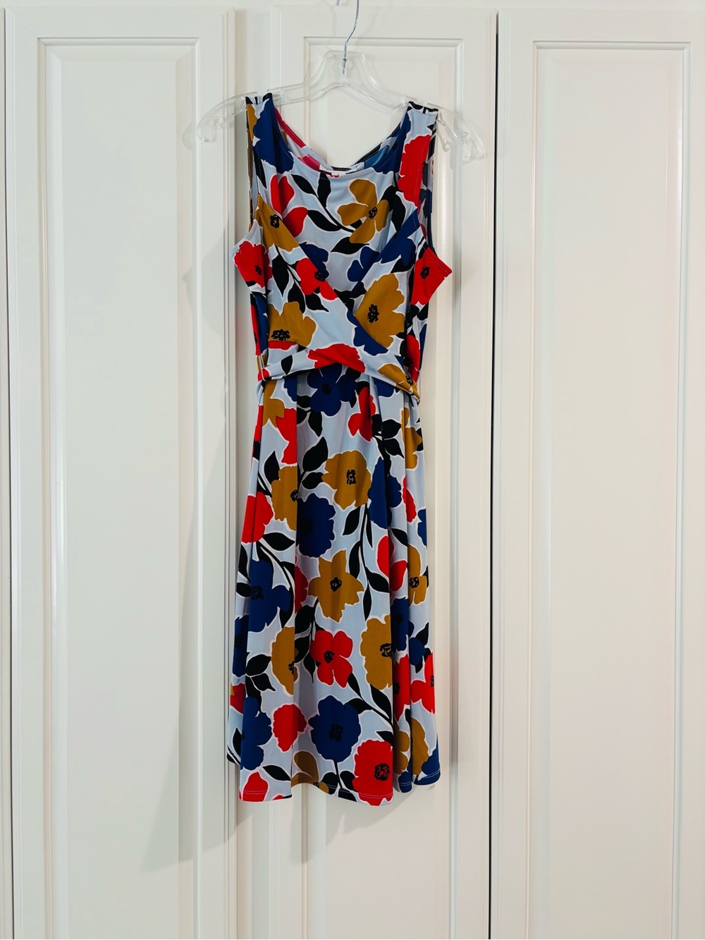 Motherhood Maternity Sleeveless Floral Dress in Red, Blue & Mustard
